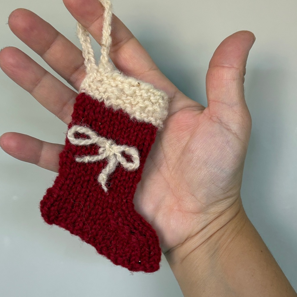 Handmade Red and Cream Knit Stocking Ornament